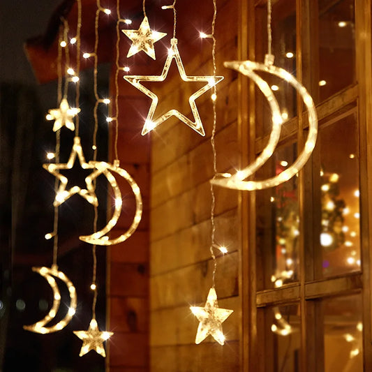 LED Christmas Star & Moon Fairy Lights - EU Plug Garland with Elk Pendant for Home & Wedding Decor