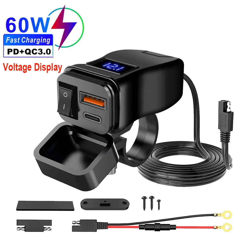 Motorcycle USB Charger QC3.0 / PD – Fast Charging with Waterproof Voltmeter – BAMİR Online Store’s
