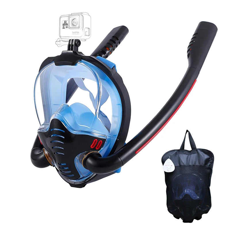 Full Face 180° Snorkel Mask | Anti-Fog, Anti-Leak, Dual-Tube System | GoPro Mount | Adult Diving & Swimming Gear – L/XL & S/M
