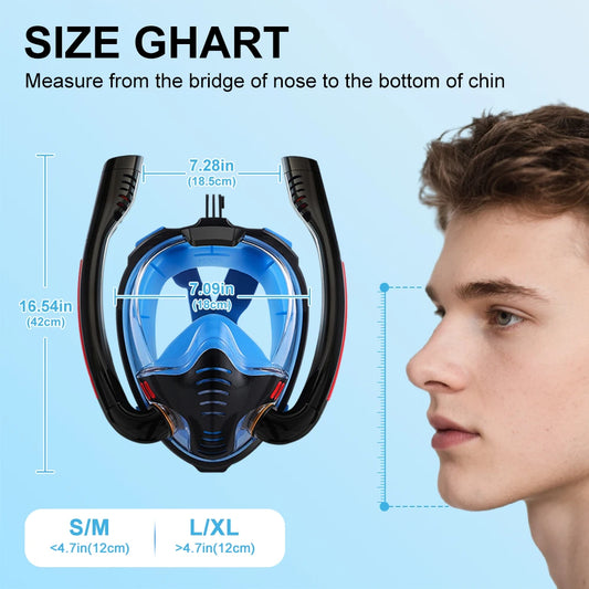 Full Face 180° Snorkel Mask | Anti-Fog, Anti-Leak, Dual-Tube System | GoPro Mount | Adult Diving & Swimming Gear – L/XL & S/M