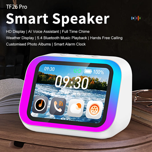 Smart Bluetooth Speaker with Touch Screen Clock – RGB Light Effects & Voice Assistant