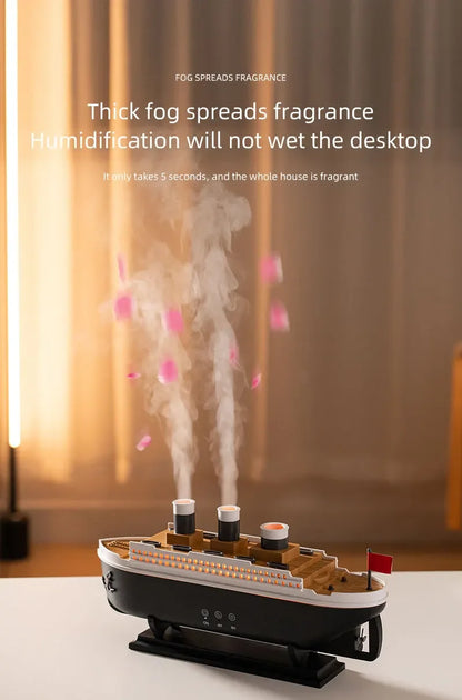 Titanic Ship-Shaped 250ml Aromatherapy Humidifier | Remote Control | LED Mist Ring | Essential Oil Diffuser for Bedroom & Relaxation – EU/US Plug