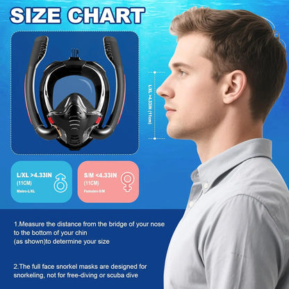 Full Face 180° Snorkel Mask | Anti-Fog, Anti-Leak, Dual-Tube System | GoPro Mount | Adult Diving & Swimming Gear – L/XL & S/M
