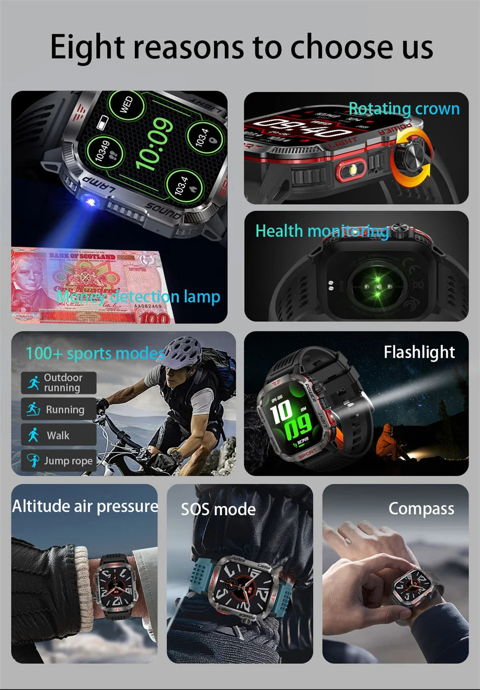 New Professional outdoor Military Smart Watch Men Flashlight Compass Waterproof Outdoor Sport Tracker Bluetooth Call Smartwatch