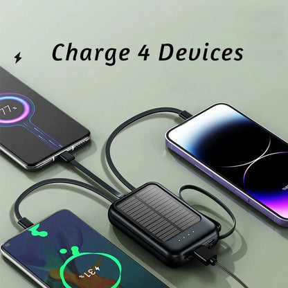 50000mAh Ultra Capacity Solar Power Bank Built Cables Solar Charger 2 USB Ports External Charger Powerbank with LED Light