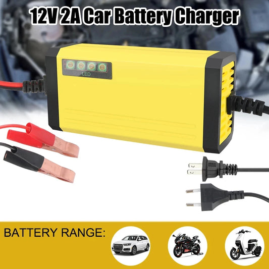 12V 2A Car Battery Charger - 220V Pulse Repair Charger with LED Display for Motorcycle & Truck