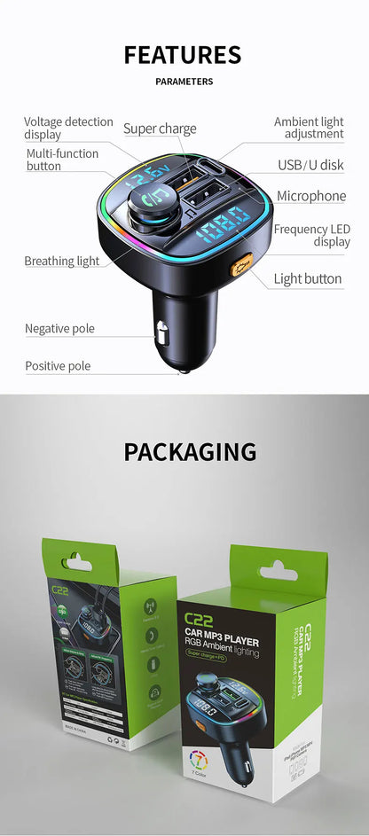 Bluetooth 5.0 FM Transmitter for Car – Handsfree Calling, Fast USB Charging, LED Display, MP3 Player, Voltage Monitor