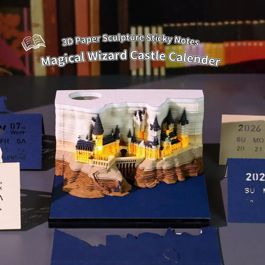 2026 Magic Castle 3D Light-Up Calendar – Handmade Paper Sculpture Desk Decor, Memo Pad, Unique Gift