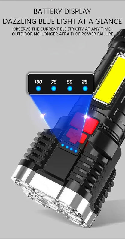 5 LED High Power Tactical Flashlight - Ultra Bright USB Rechargeable, Waterproof, 3 Modes with Side Light for Camping & Emergency