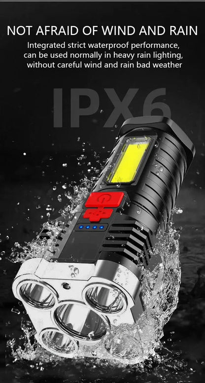 5 LED High Power Tactical Flashlight - Ultra Bright USB Rechargeable, Waterproof, 3 Modes with Side Light for Camping & Emergency