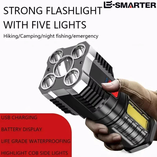 BAMİR 5 LED High Power Tactical Flashlight - Ultra Bright USB Rechargeable, Waterproof, 3 Modes with Side Light for Camping & Emergency