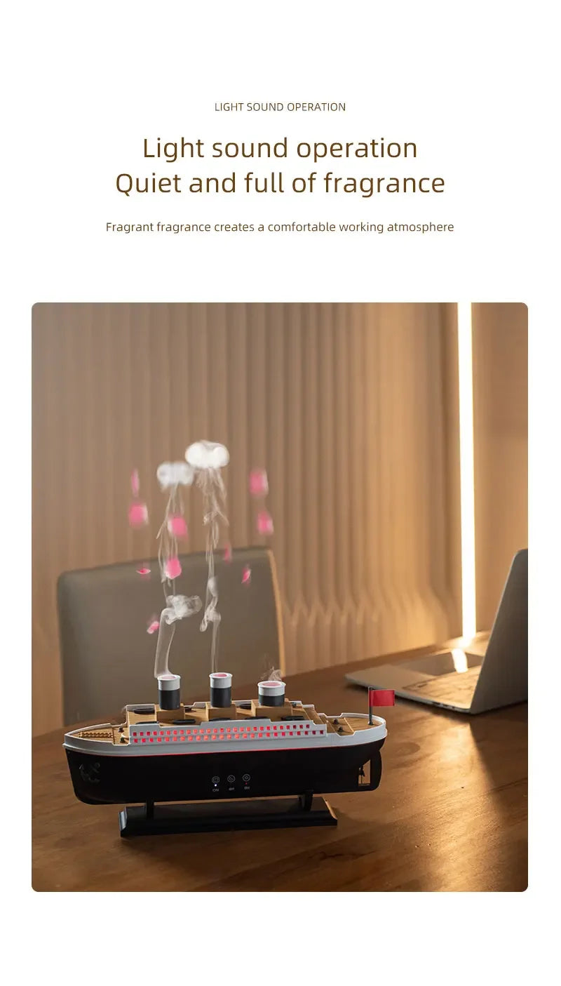 Titanic Ship-Shaped 250ml Aromatherapy Humidifier | Remote Control | LED Mist Ring | Essential Oil Diffuser for Bedroom & Relaxation – EU/US Plug