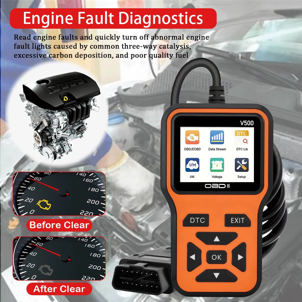 Car OBD2 Scanner V500 – Engine Fault Code Reader, Battery Voltage Tester & Live Data Diagnostic Tool