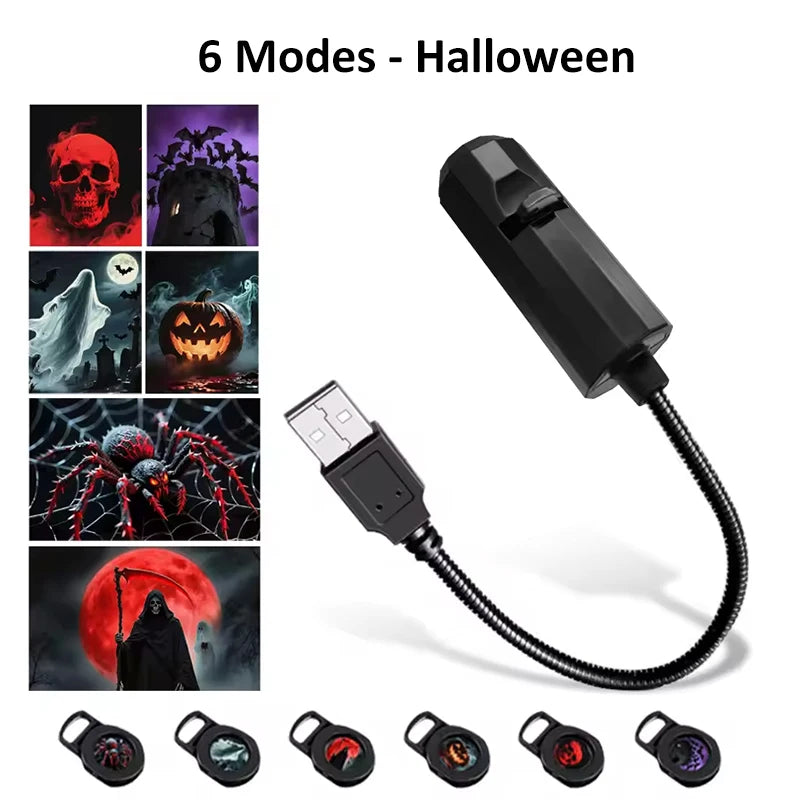 USB Projection Light - 5V LED Atmosphere Lamp with Changeable Patterns (Moon, Planet, Halloween, Christmas)