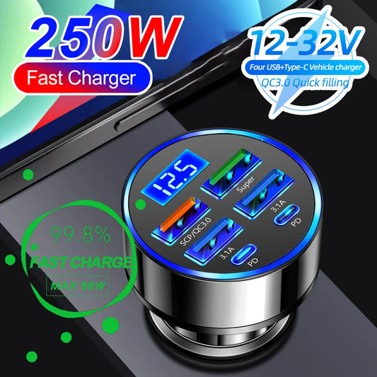 6-Port Fast Charging Hub with Real-Time Voltage Display – Turbo Car/Motorcycle/Truck Power Station