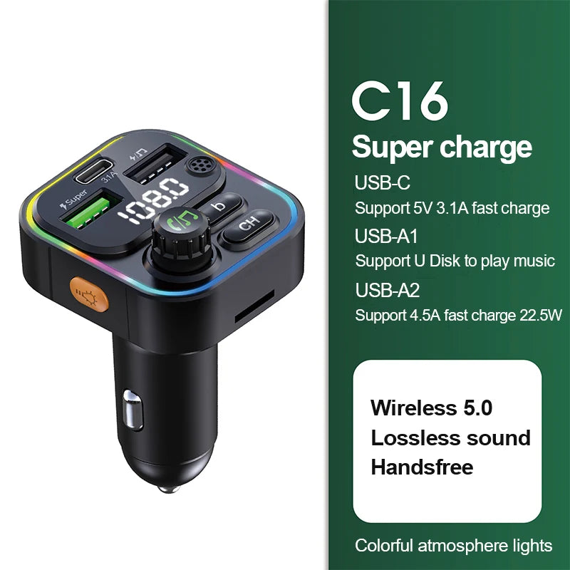 Bluetooth 5.0 FM Transmitter for Car – Handsfree Calling, Fast USB Charging, LED Display, MP3 Player, Voltage Monitor