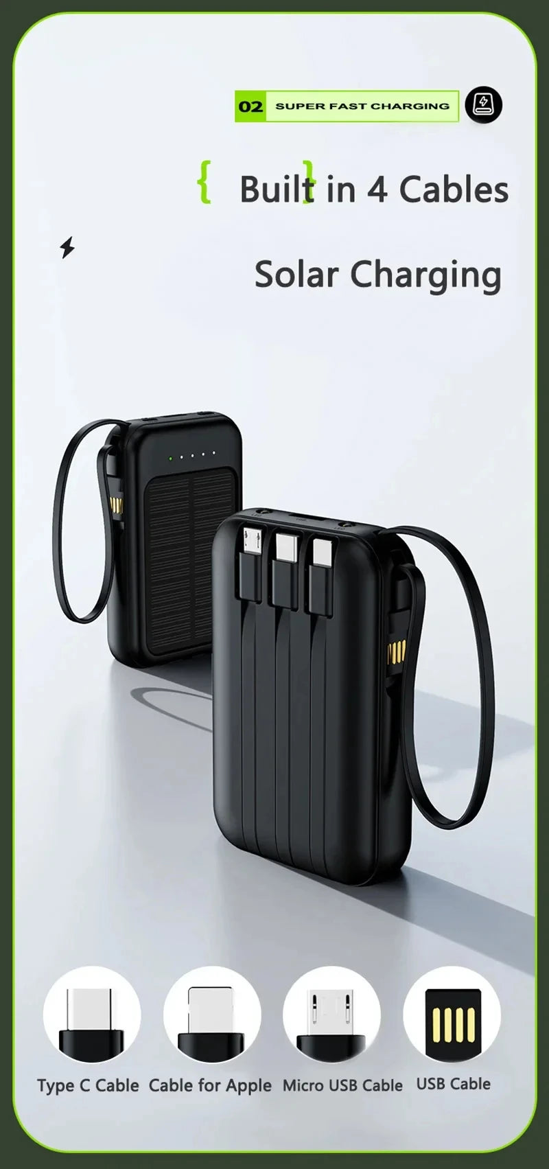 50000mAh Ultra Capacity Solar Power Bank Built Cables Solar Charger 2 USB Ports External Charger Powerbank with LED Light