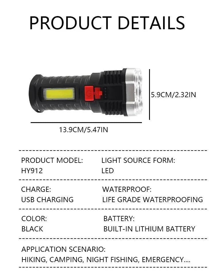 5 LED High Power Tactical Flashlight - Ultra Bright USB Rechargeable, Waterproof, 3 Modes with Side Light for Camping & Emergency