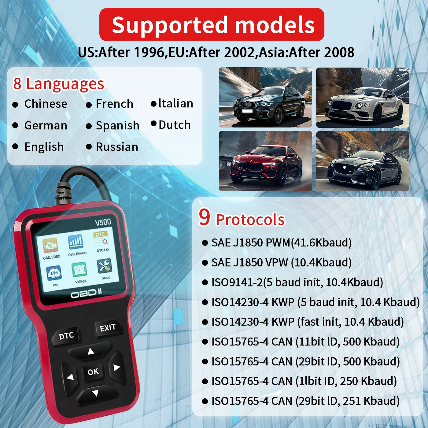 Car OBD2 Scanner V500 – Engine Fault Code Reader, Battery Voltage Tester & Live Data Diagnostic Tool
