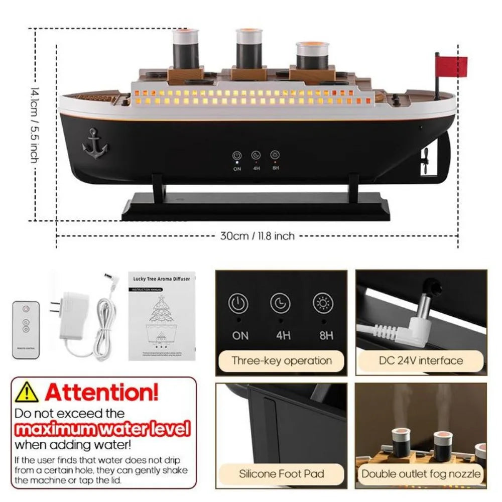 Titanic Ship-Shaped 250ml Aromatherapy Humidifier | Remote Control | LED Mist Ring | Essential Oil Diffuser for Bedroom & Relaxation – EU/US Plug