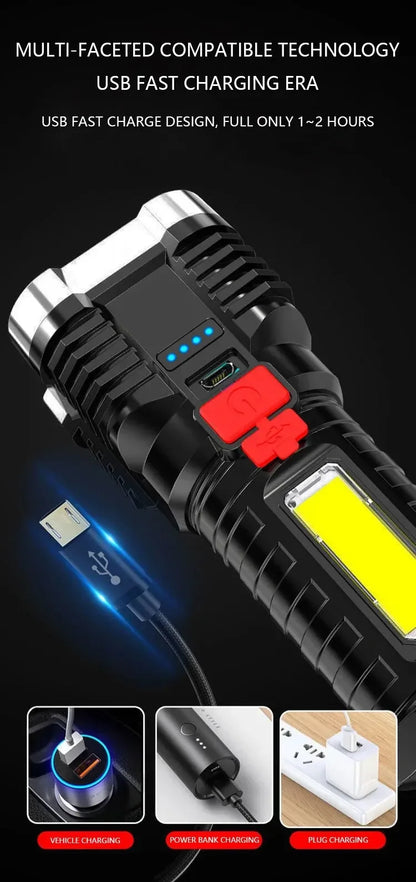 5 LED High Power Tactical Flashlight - Ultra Bright USB Rechargeable, Waterproof, 3 Modes with Side Light for Camping & Emergency