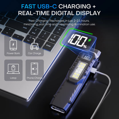 High-Power Tactical LED Flashlight | 1500LM Rechargeable EDC Work Light | COB + Front Beam | Magnetic Base | USB Fast Charging