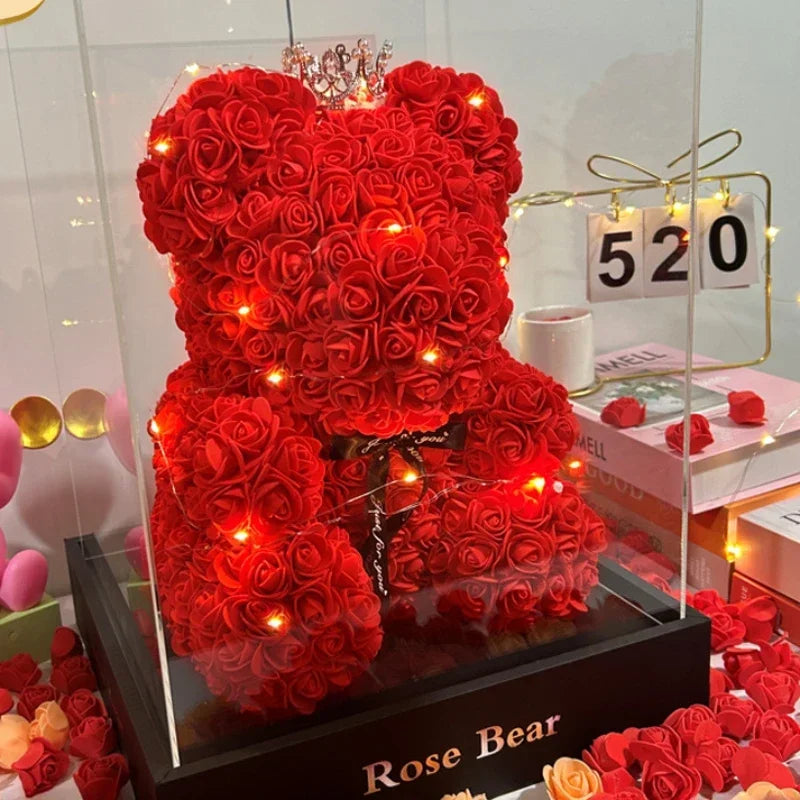 Eternal Rose Teddy Bear with LED Lights – Luxury Romantic Gift for Valentine’s Day, Mother’s Day, Birthdays & Anniversaries | Handmade Flower Bear