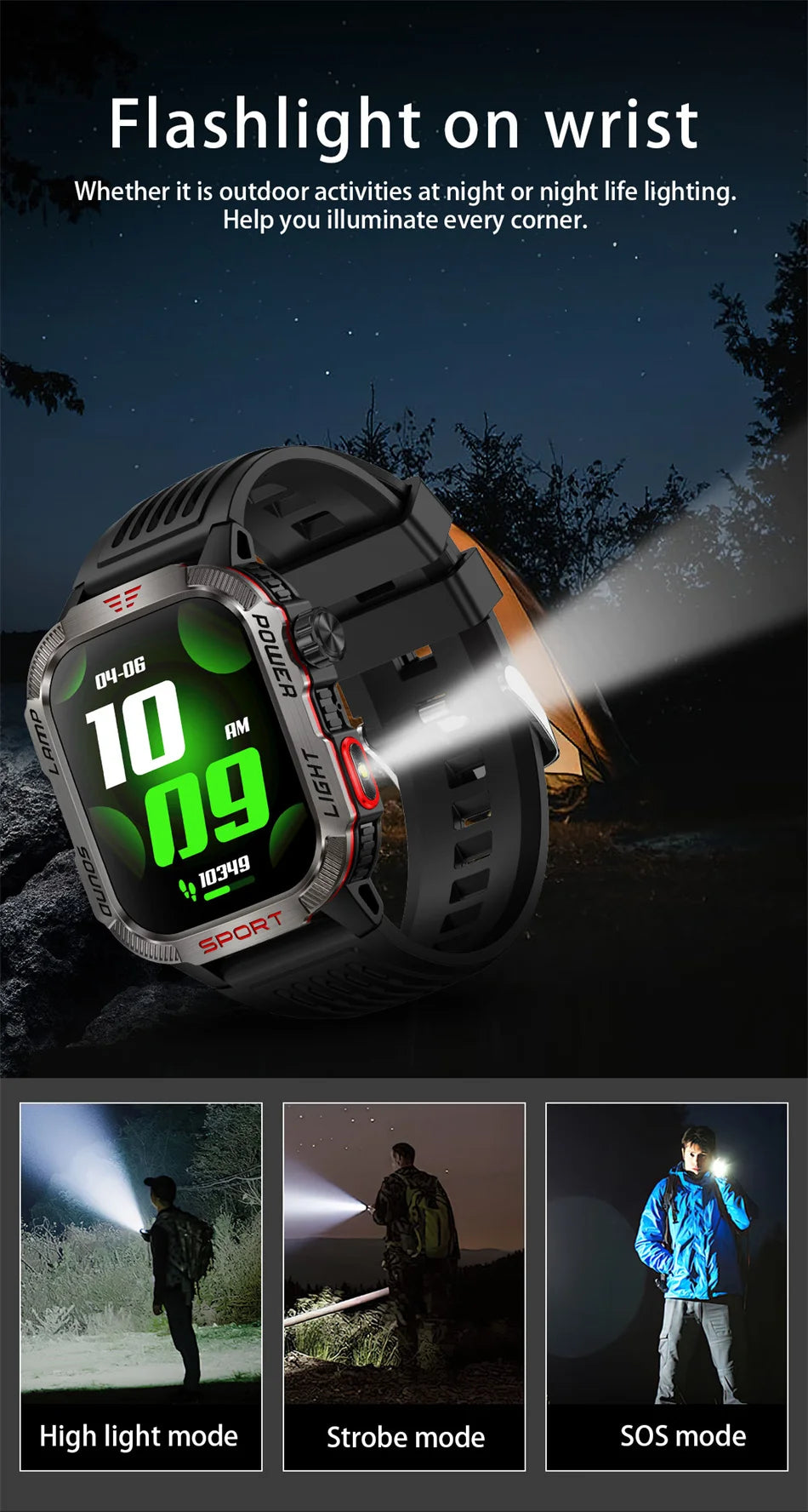 New Professional outdoor Military Smart Watch Men Flashlight Compass Waterproof Outdoor Sport Tracker Bluetooth Call Smartwatch