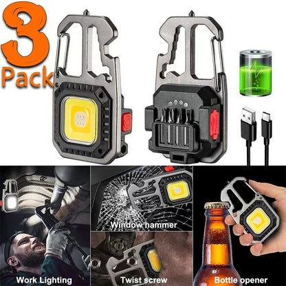 1-3PacK Multifunction Keychain Lighting 7 Modes COB Flashlight Portable Rechargeable Emergency Camping Outdoor Hiking Work Lamps