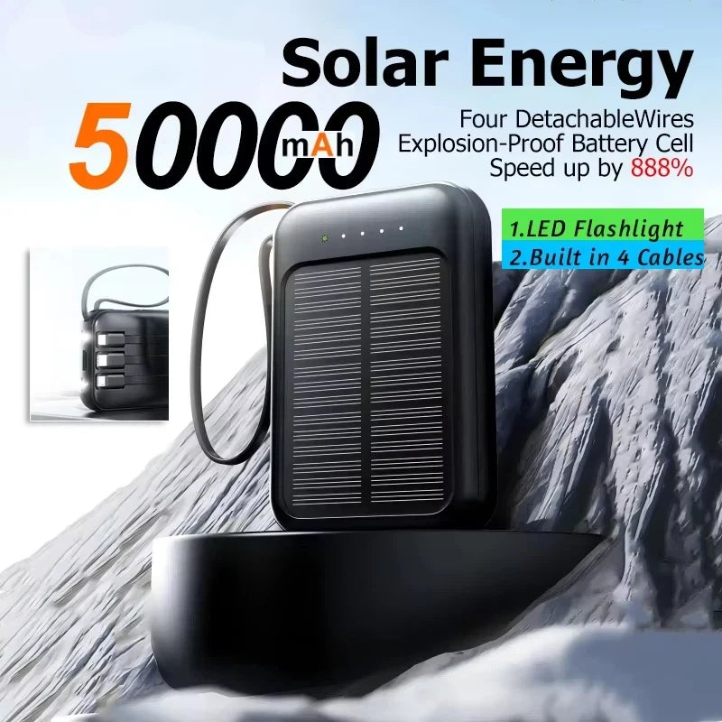 50000mAh Ultra Capacity Solar Power Bank Built Cables Solar Charger 2 USB Ports External Charger Powerbank with LED Light