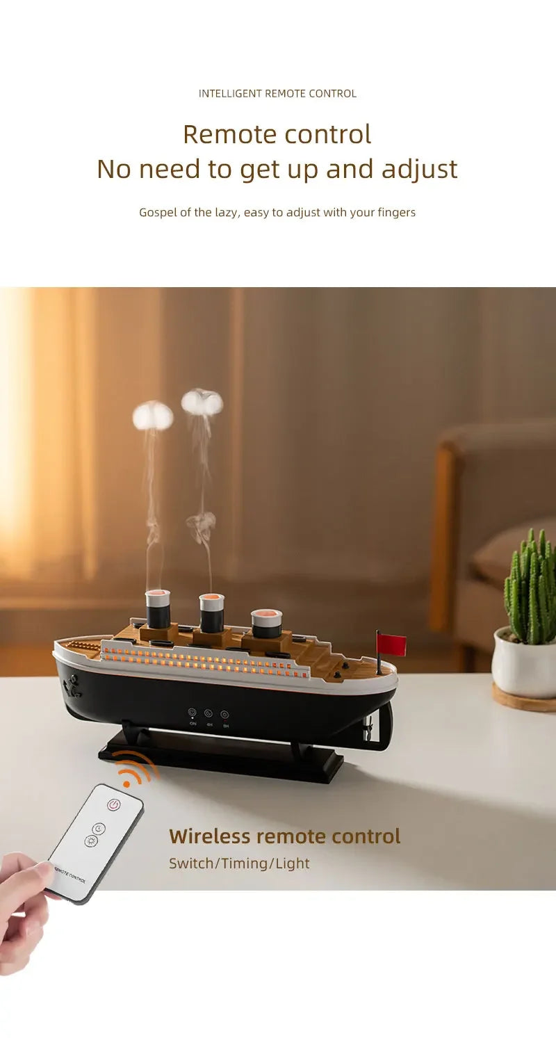 Titanic Ship-Shaped 250ml Aromatherapy Humidifier | Remote Control | LED Mist Ring | Essential Oil Diffuser for Bedroom & Relaxation – EU/US Plug