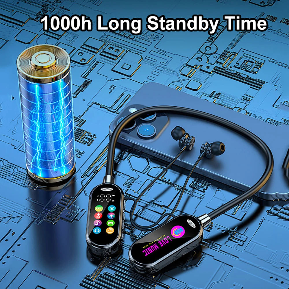 Bluetooth 5.4 Neckband Headphones with Color Screen – Wireless Noise Cancelling Earbuds with HD Mic, Long Battery Life & Smart Display