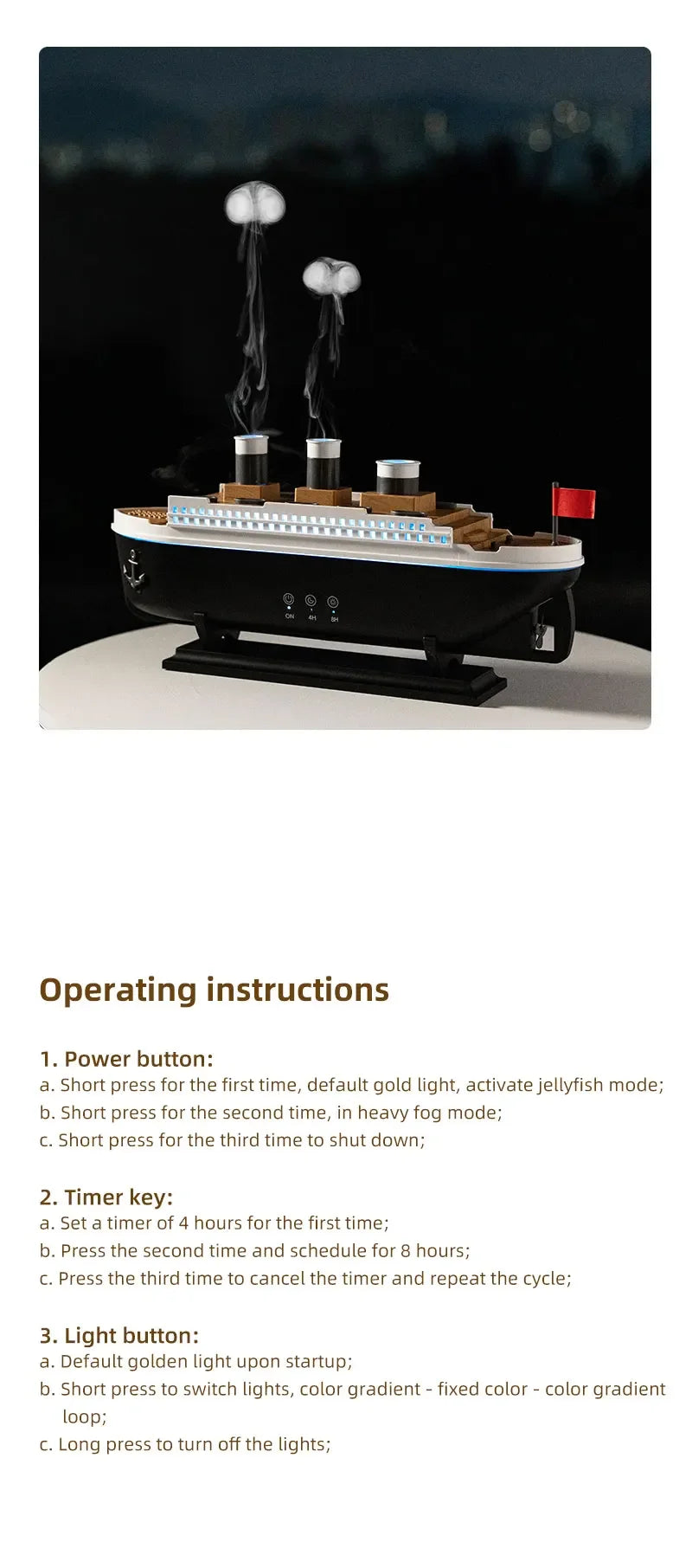 Titanic Ship-Shaped 250ml Aromatherapy Humidifier | Remote Control | LED Mist Ring | Essential Oil Diffuser for Bedroom & Relaxation – EU/US Plug