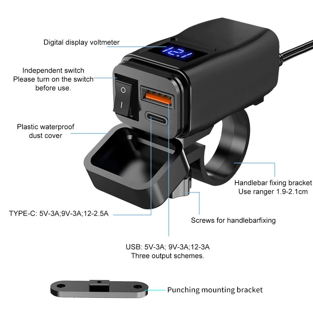 Motorcycle USB Charger QC3.0 / PD – Fast Charging with Waterproof Voltmeter – BAMİR Online Store’s