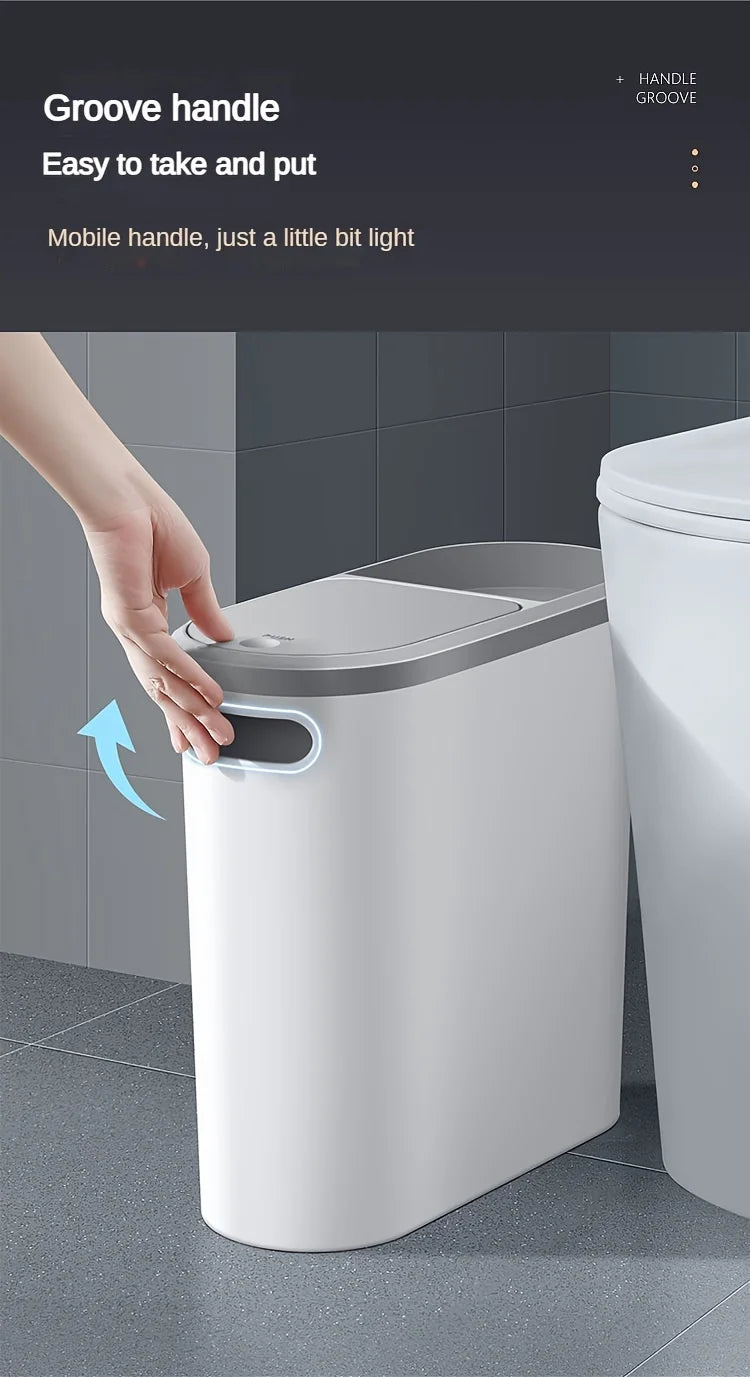 10L Slim Press-Type Bathroom Trash Can with Lid – Modern Leakproof Waste Bin for Home & Office