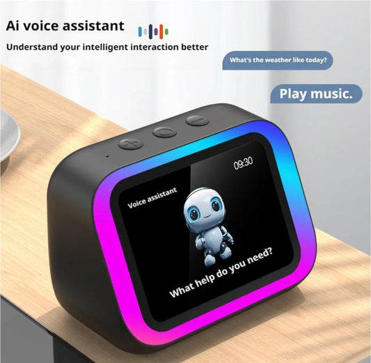 Smart Bluetooth Speaker with Touch Screen Clock – RGB Light Effects & Voice Assistant