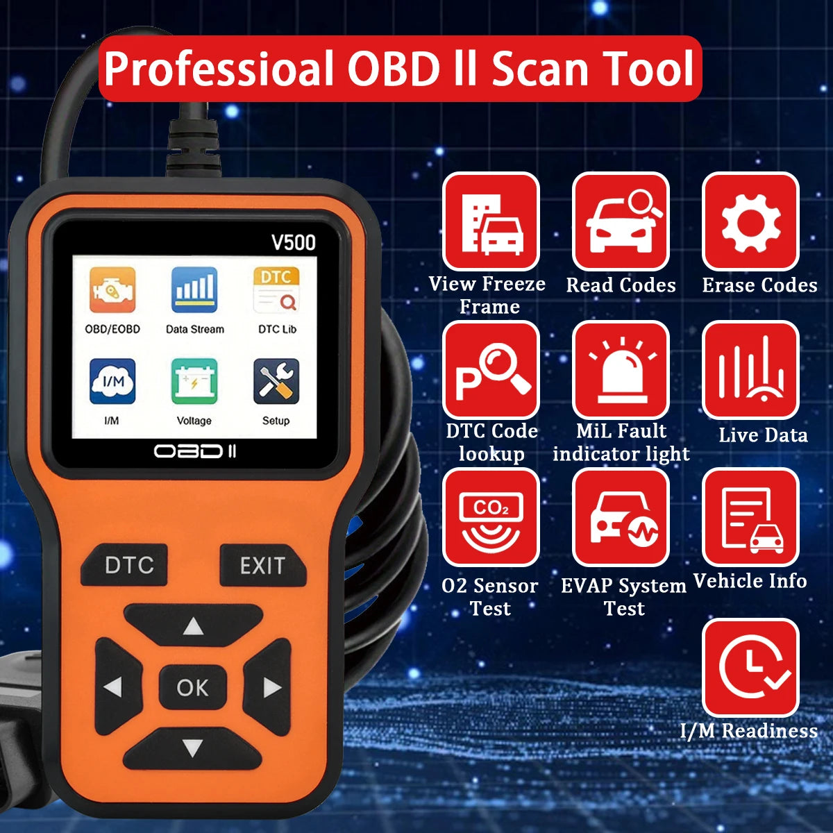 Car OBD2 Scanner V500 – Engine Fault Code Reader, Battery Voltage Tester & Live Data Diagnostic Tool