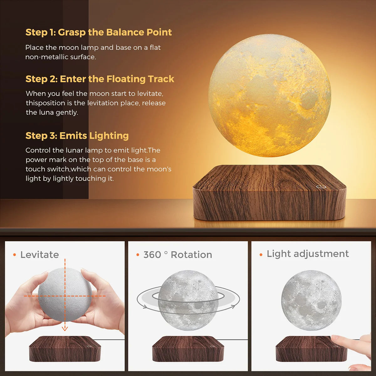 Floating Moon Lamp – Real Magnetic Levitation Night Light with Premium Wooden Base (3 Light Modes)