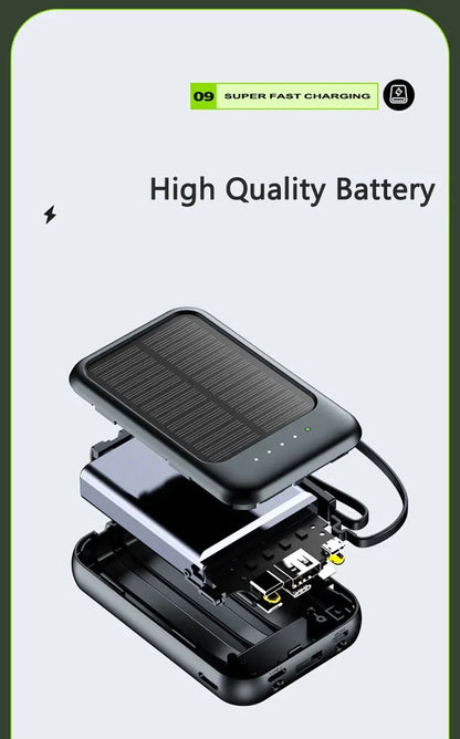 50000mAh Ultra Capacity Solar Power Bank Built Cables Solar Charger 2 USB Ports External Charger Powerbank with LED Light