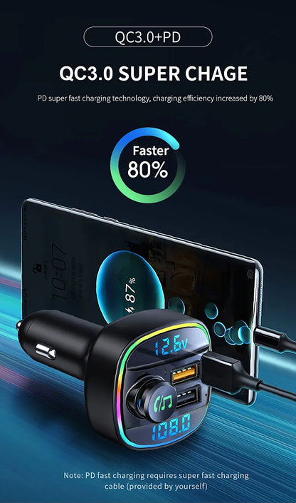 Bluetooth 5.0 FM Transmitter for Car – Handsfree Calling, Fast USB Charging, LED Display, MP3 Player, Voltage Monitor