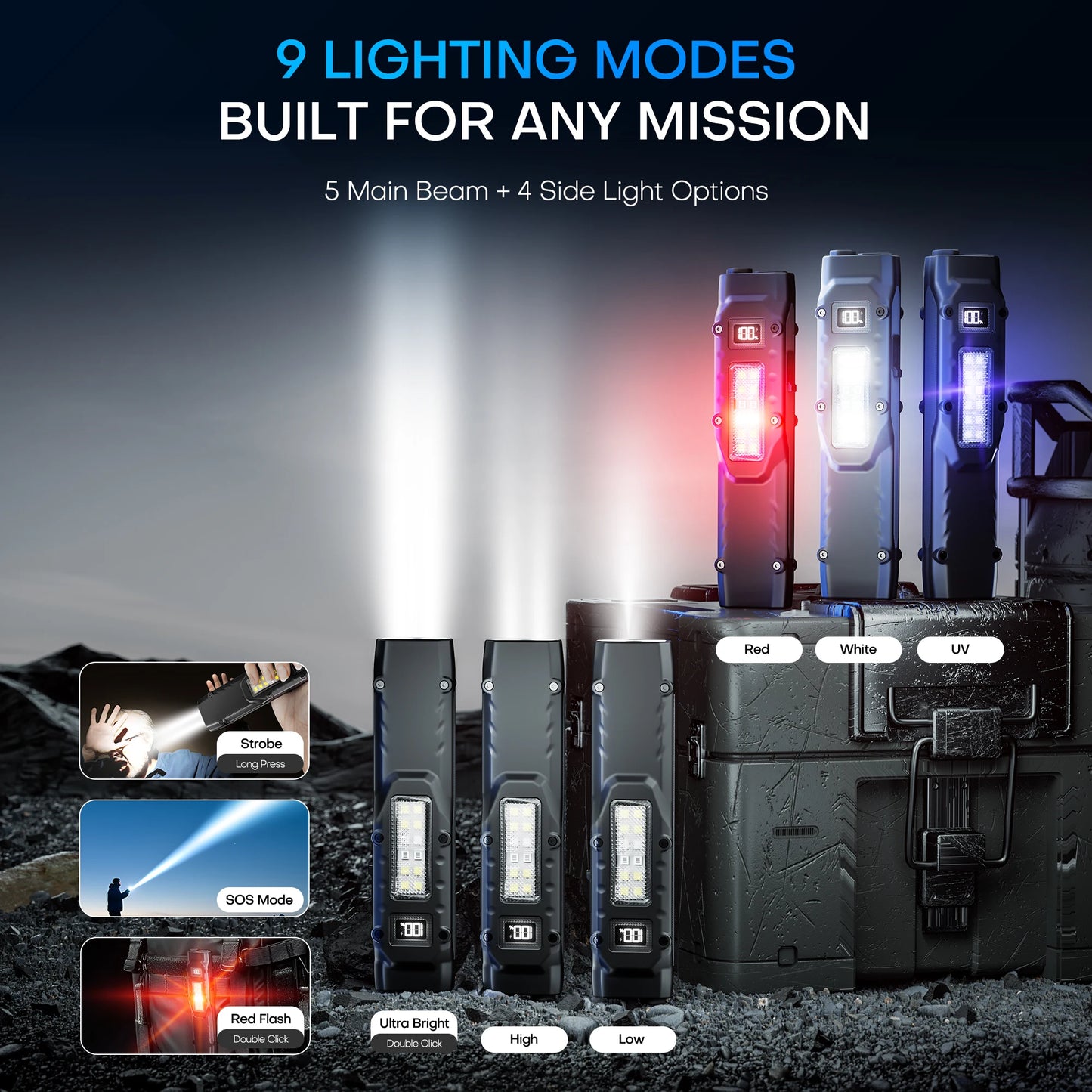 High-Power Tactical LED Flashlight | 1500LM Rechargeable EDC Work Light | COB + Front Beam | Magnetic Base | USB Fast Charging