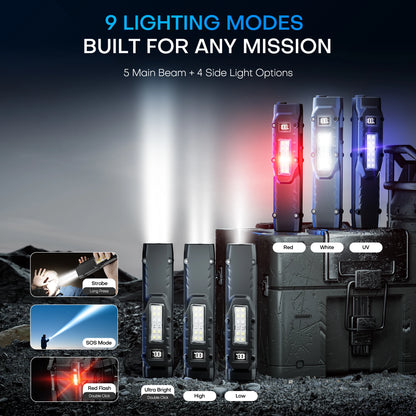 High-Power Tactical LED Flashlight | 1500LM Rechargeable EDC Work Light | COB + Front Beam | Magnetic Base | USB Fast Charging