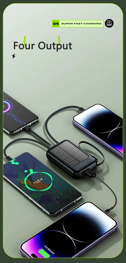 50000mAh Ultra Capacity Solar Power Bank Built Cables Solar Charger 2 USB Ports External Charger Powerbank with LED Light