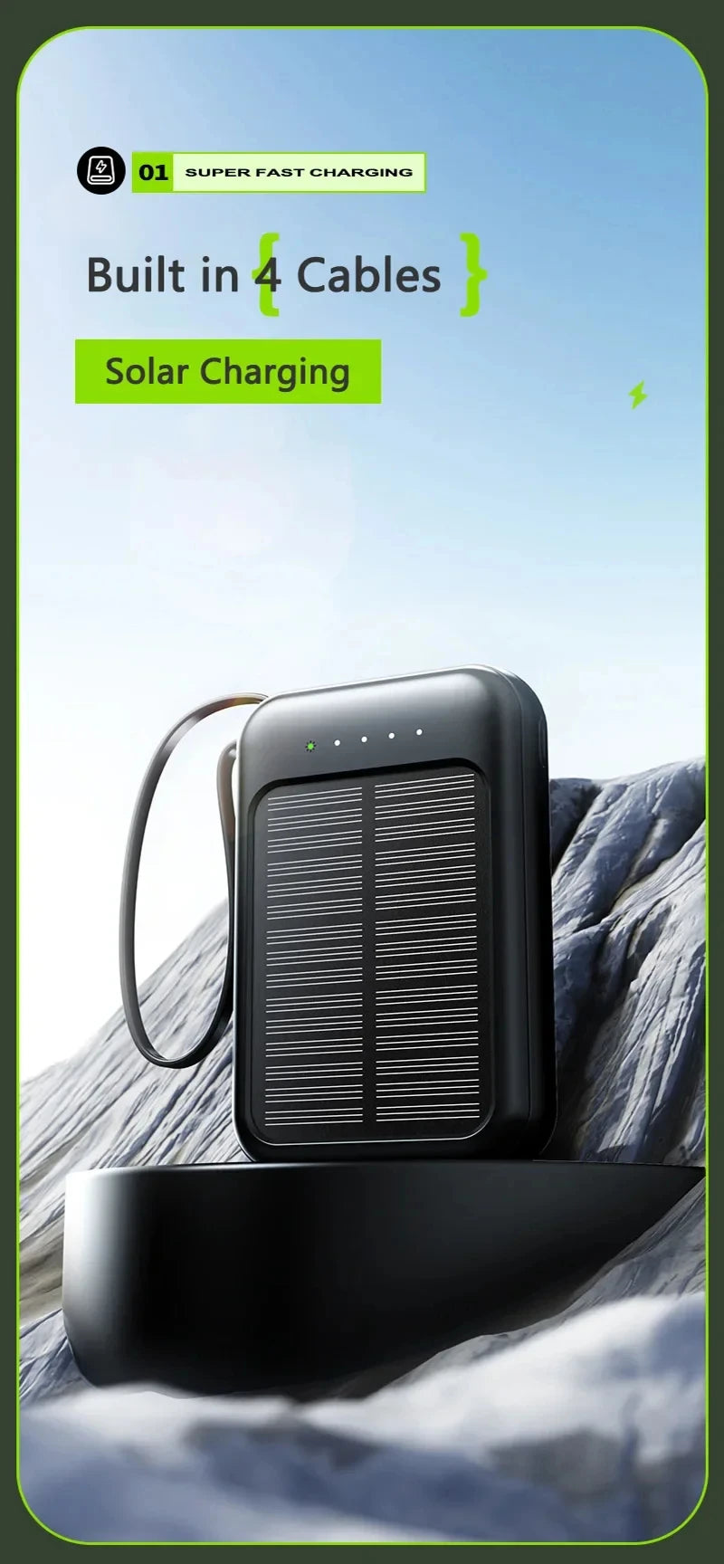 50000mAh Ultra Capacity Solar Power Bank Built Cables Solar Charger 2 USB Ports External Charger Powerbank with LED Light