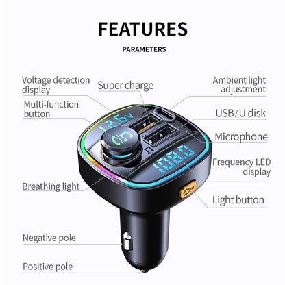 Bluetooth 5.0 FM Transmitter for Car – Handsfree Calling, Fast USB Charging, LED Display, MP3 Player, Voltage Monitor
