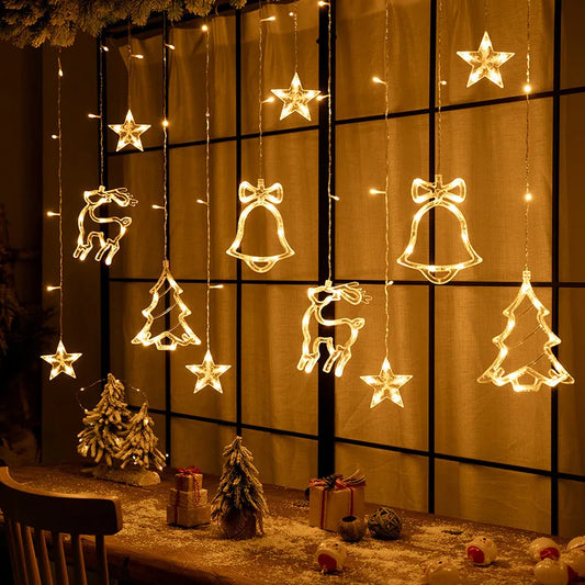 LED Christmas Star & Moon Fairy Lights - EU Plug Garland with Elk Pendant for Home & Wedding Decor