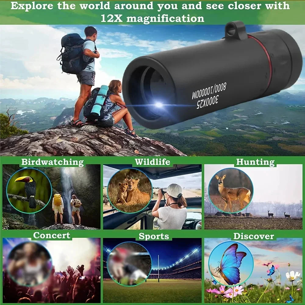 3000×25 HD Long-Range Portable Monocular Telescope – High-Power Zoom, Low-Light Night Vision, Compact Outdoor Camping & Wildlife Spotting Scope