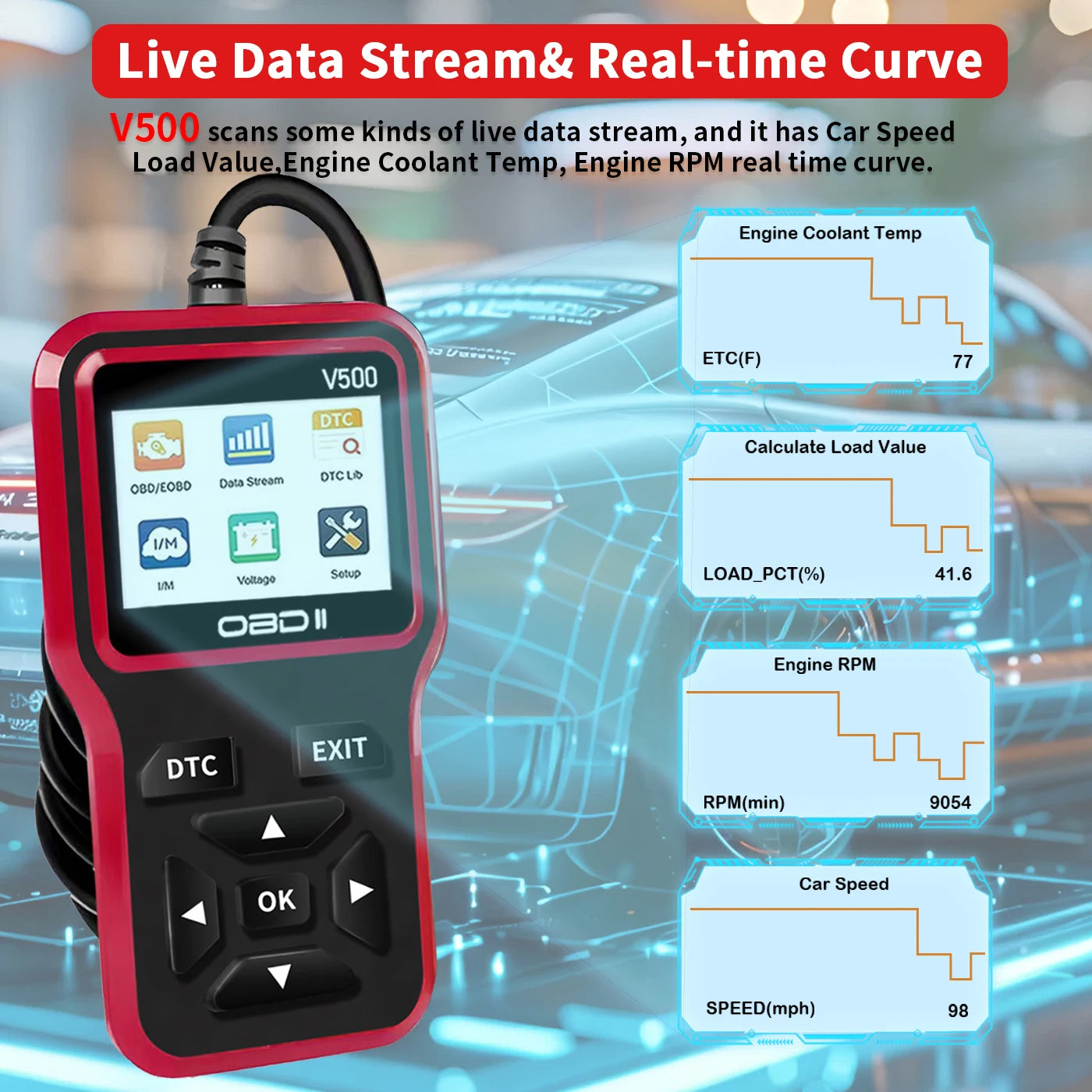 Car OBD2 Scanner V500 – Engine Fault Code Reader, Battery Voltage Tester & Live Data Diagnostic Tool