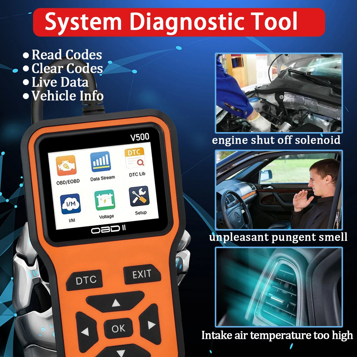 Car OBD2 Scanner V500 – Engine Fault Code Reader, Battery Voltage Tester & Live Data Diagnostic Tool