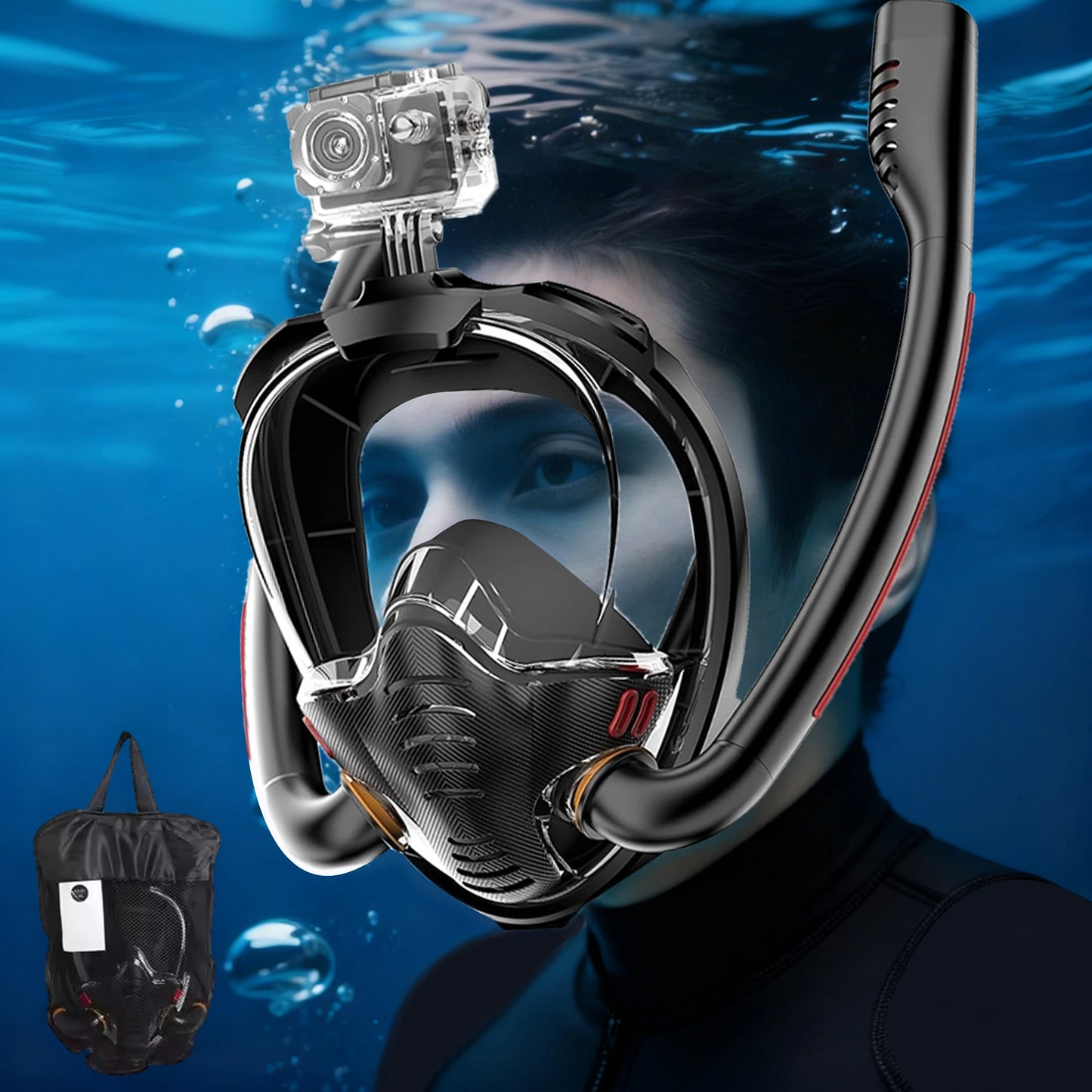 Full Face 180° Snorkel Mask | Anti-Fog, Anti-Leak, Dual-Tube System | GoPro Mount | Adult Diving & Swimming Gear – L/XL & S/M